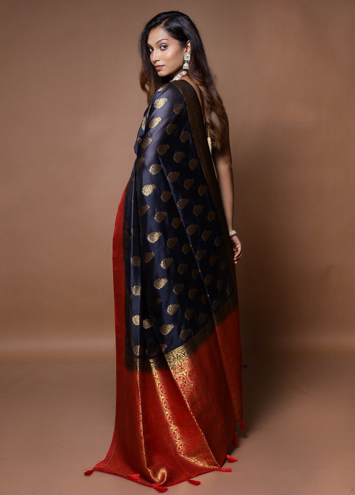 Black Dupion Silk Saree With Blouse Piece - Indian Silk House Agencies