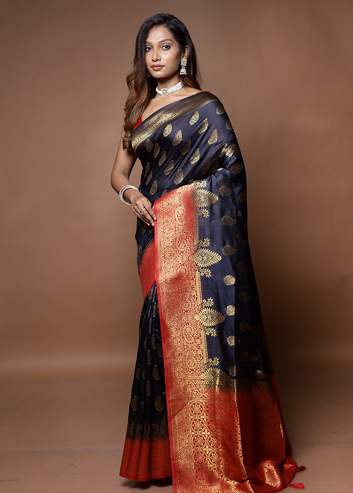 Black Dupion Silk Saree With Blouse Piece - Indian Silk House Agencies