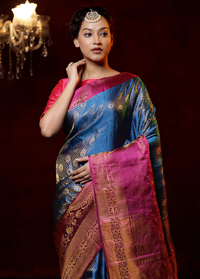 Blue Gadwal Pure Silk Saree Without Blouse Piece