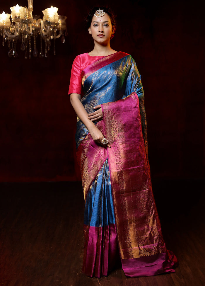 Blue Gadwal Pure Silk Saree Without Blouse Piece