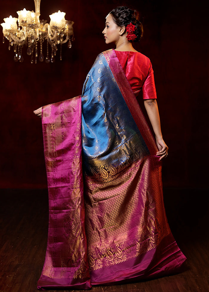 Blue Gadwal Pure Silk Saree Without Blouse Piece