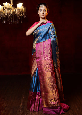 Blue Gadwal Pure Silk Saree Without Blouse Piece