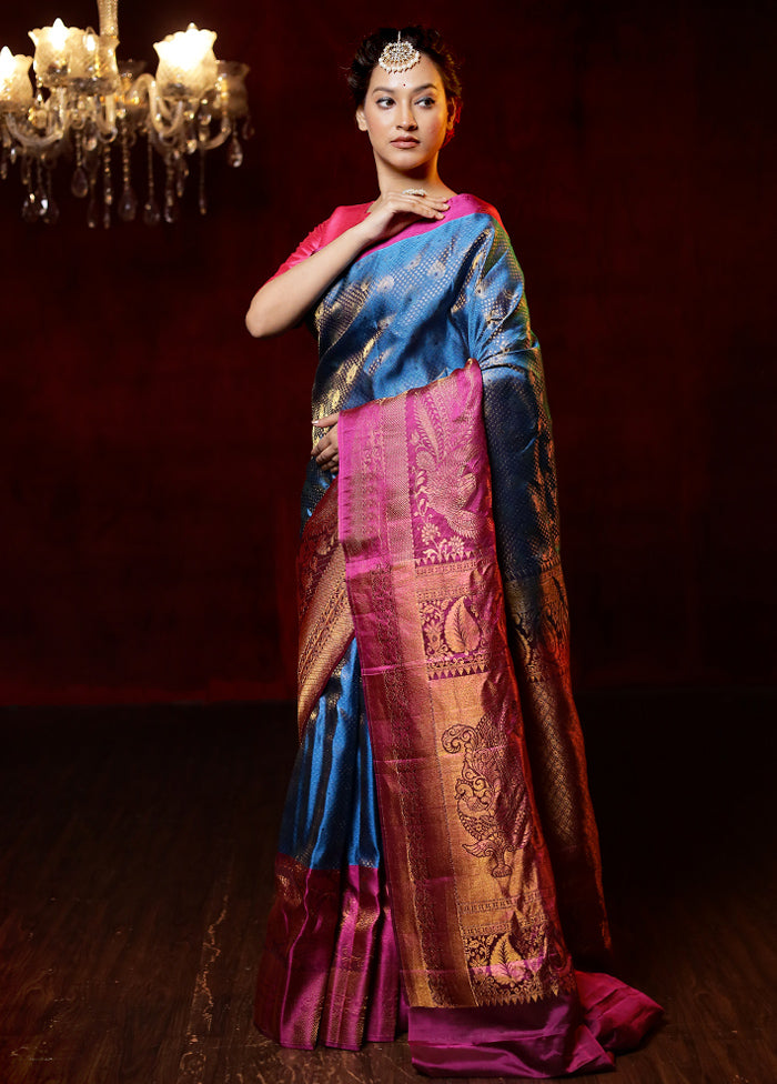 Blue Gadwal Pure Silk Saree Without Blouse Piece