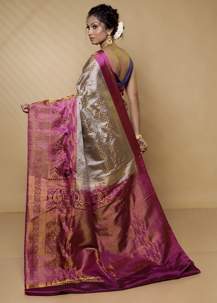 Cream Gadwal Pure Silk Saree Without Blouse Piece