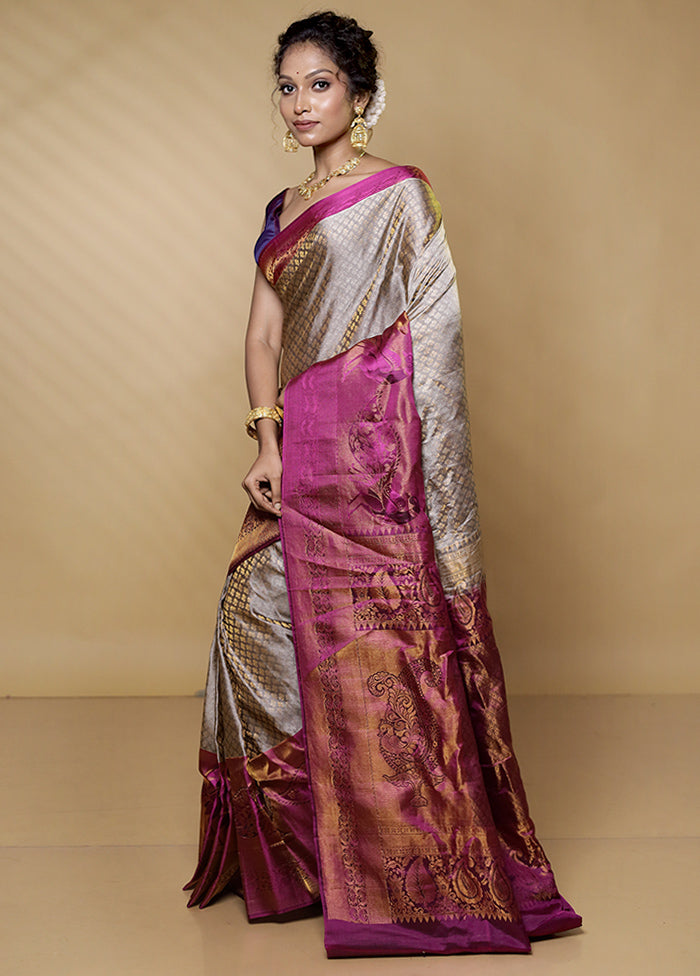 Cream Gadwal Pure Silk Saree Without Blouse Piece