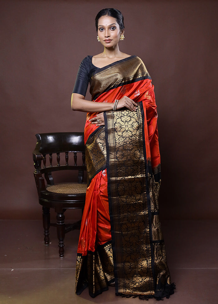 Rust Gadwal Pure Silk Saree Without Blouse Piece