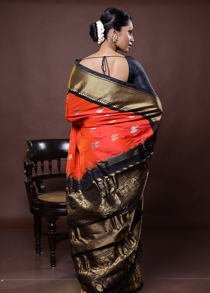 Rust Gadwal Pure Silk Saree Without Blouse Piece