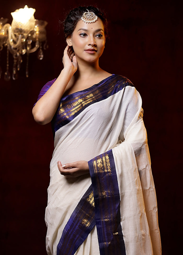 White Gadwal Pure Silk Saree Without Blouse Piece