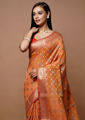 Rust Kora Silk Saree With Blouse Piece