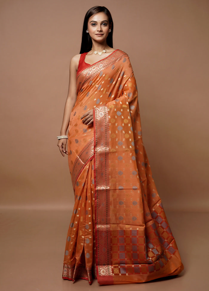 Rust Kora Silk Saree With Blouse Piece