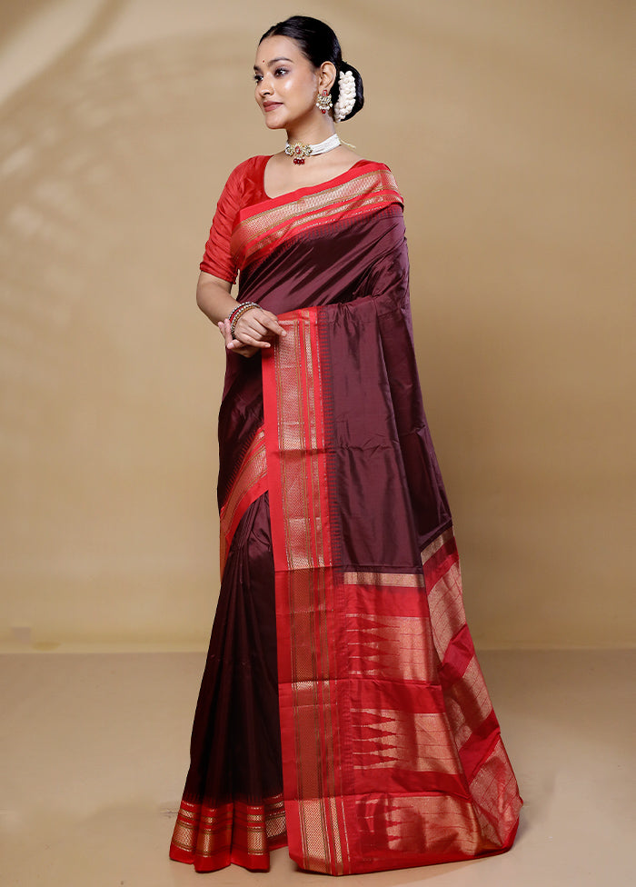 Wine Handloom Kanjivaram Pure Silk Saree With Blouse Piece