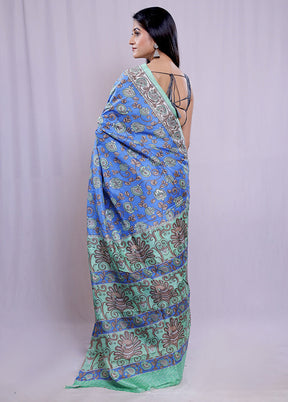 Blue Printed Pure Silk Saree With Blouse Piece - Indian Silk House Agencies