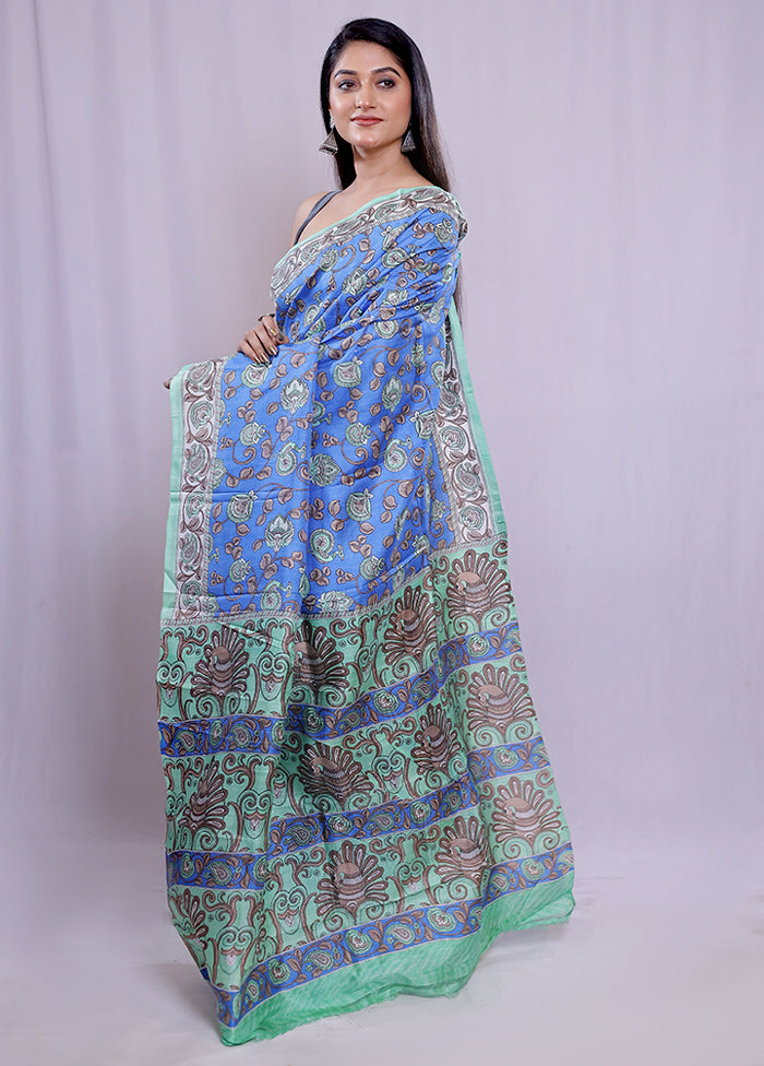 Blue Printed Pure Silk Saree With Blouse Piece - Indian Silk House Agencies