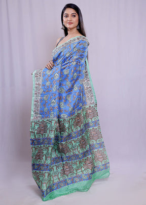 Blue Printed Pure Silk Saree With Blouse Piece - Indian Silk House Agencies