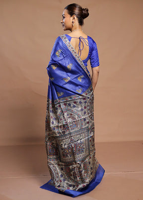 Blue Tussar Silk Saree With Blouse Piece