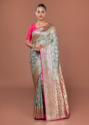 Grey Banarasi Silk Saree With Blouse Piece