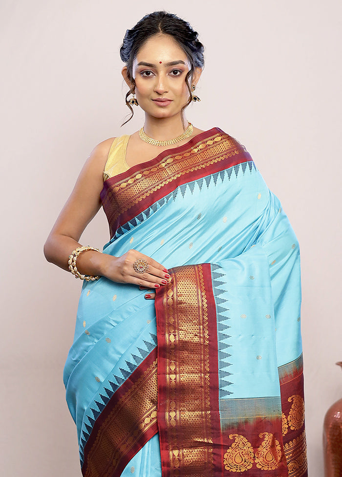 Blue Gadwal Pure Silk Saree Without Blouse Piece - Indian Silk House Agencies