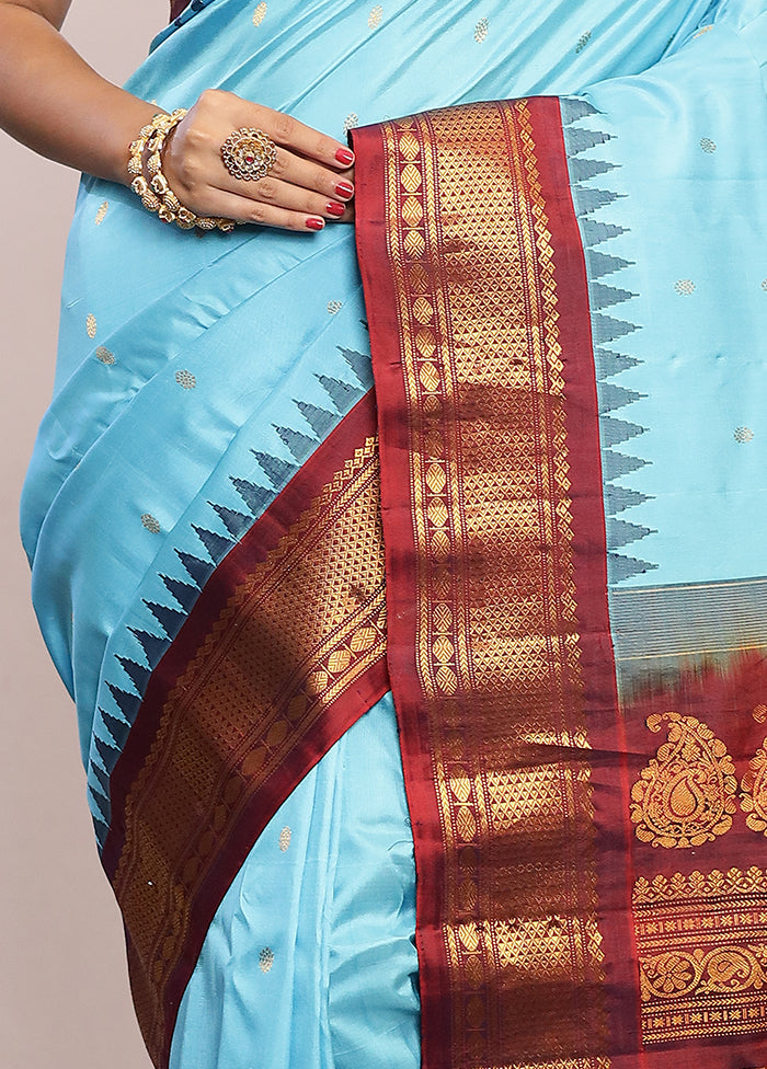 Blue Gadwal Pure Silk Saree Without Blouse Piece - Indian Silk House Agencies