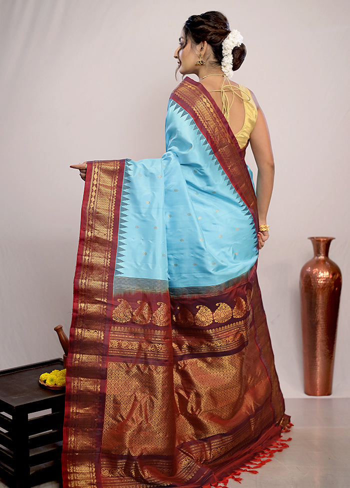 Blue Gadwal Pure Silk Saree Without Blouse Piece - Indian Silk House Agencies