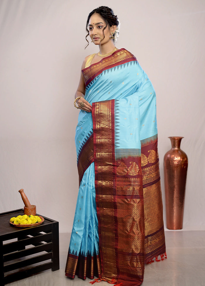 Blue Gadwal Pure Silk Saree Without Blouse Piece - Indian Silk House Agencies