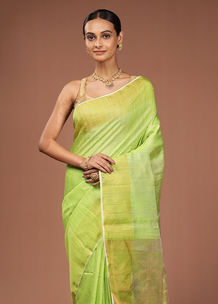 Green Handloom Matka Pure Silk Saree With Blouse Piece