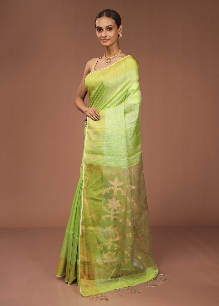 Green Handloom Matka Pure Silk Saree With Blouse Piece