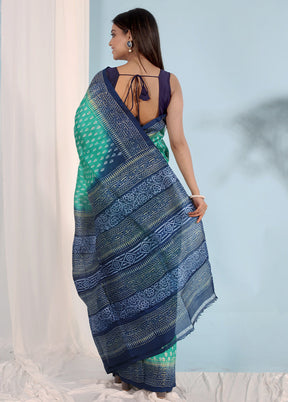 Green Printed Pure Silk Saree With Blouse Piece - Indian Silk House Agencies