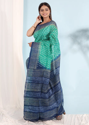 Green Printed Pure Silk Saree With Blouse Piece - Indian Silk House Agencies