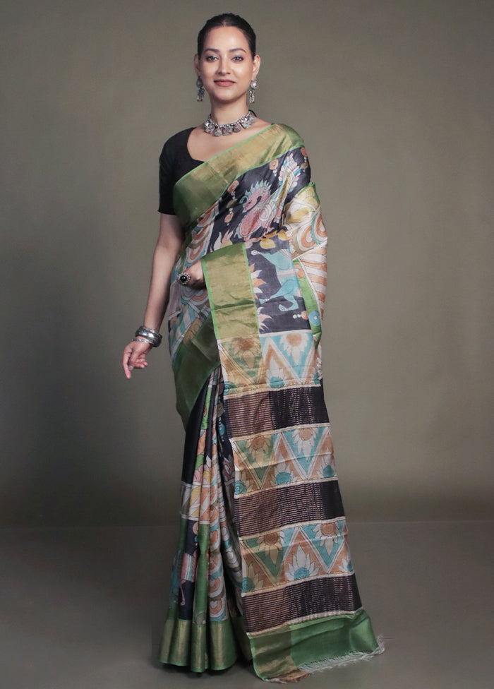 Green Handloom Tussar Pure Silk Saree With Blouse Piece