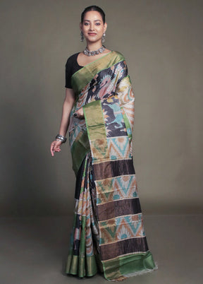 Green Handloom Tussar Pure Silk Saree With Blouse Piece