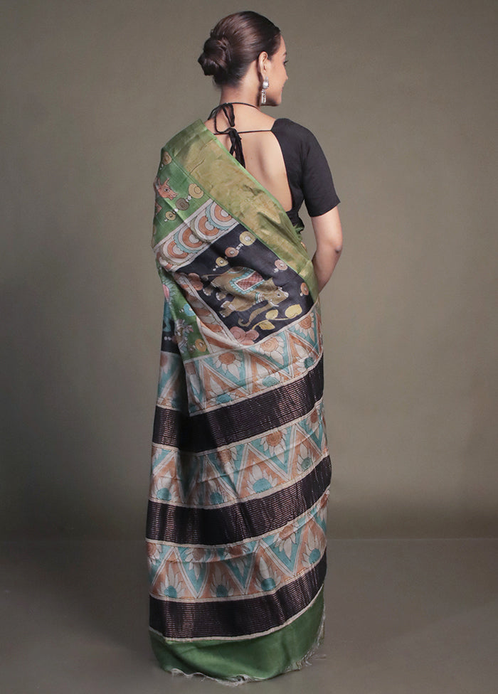Green Handloom Tussar Pure Silk Saree With Blouse Piece