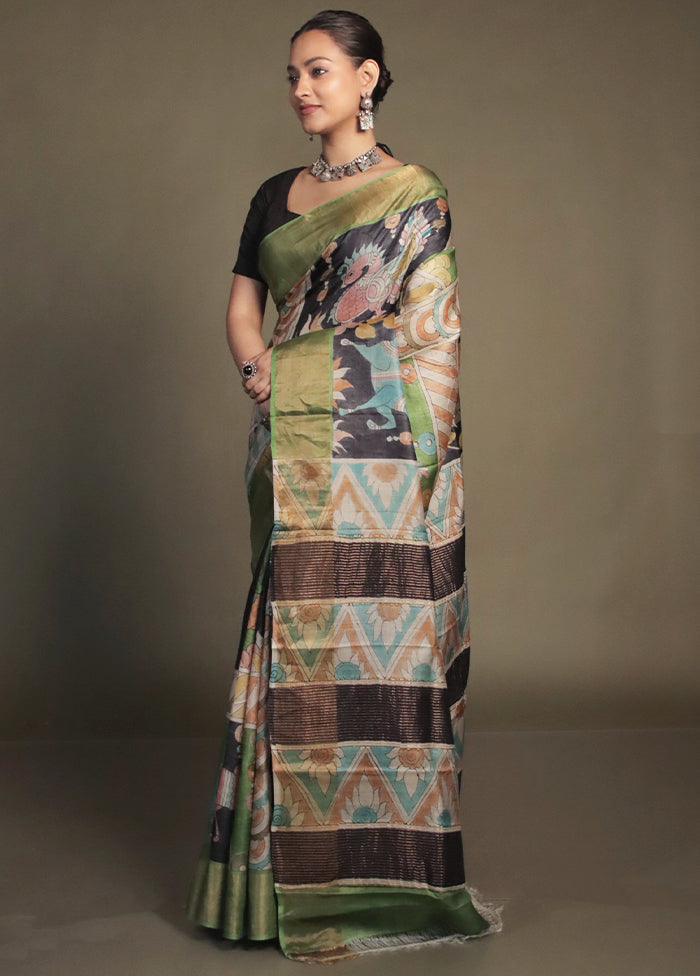 Green Handloom Tussar Pure Silk Saree With Blouse Piece