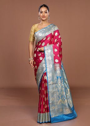 Pink Handloom Banarasi Pure Silk Saree With Blouse Piece