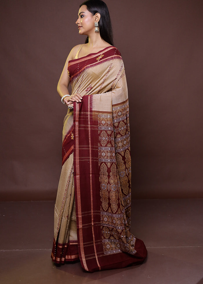 Cream Pure Cotton Saree With Blouse Piece