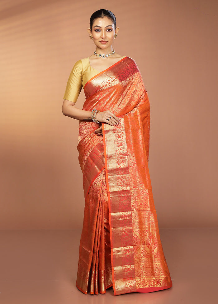Rust Handloom Kanjivaram Pure Silk Saree With Blouse Piece