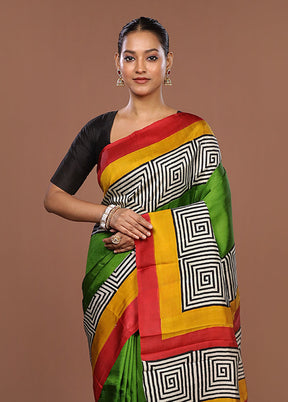 Blue Printed Pure Silk Saree Without Blouse Piece