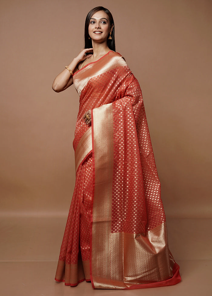 Rust Kora Silk Saree With Blouse Piece