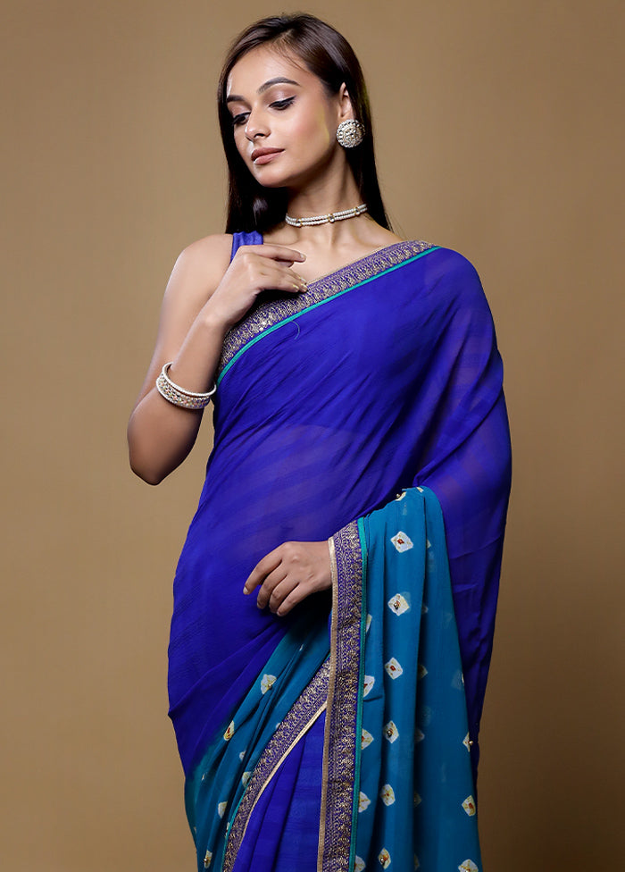 Blue Chiffon Silk Saree With Blouse Piece