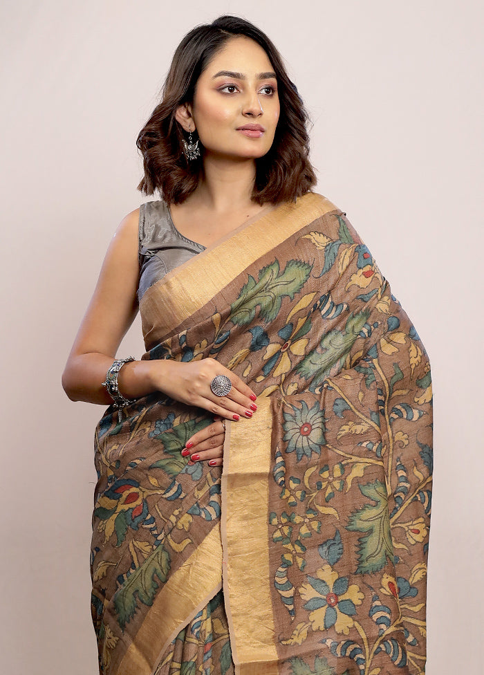 Brown Tussar Pure Silk Saree With Blouse Piece - Indian Silk House Agencies