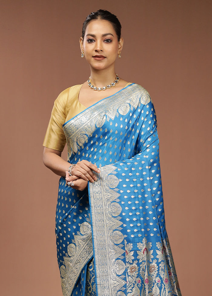 Blue Handloom Banarasi Pure Silk Saree With Blouse Piece