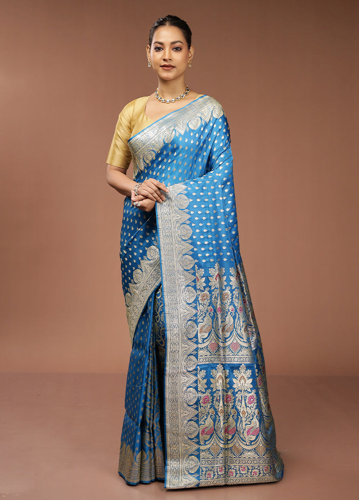 Blue Handloom Banarasi Pure Silk Saree With Blouse Piece
