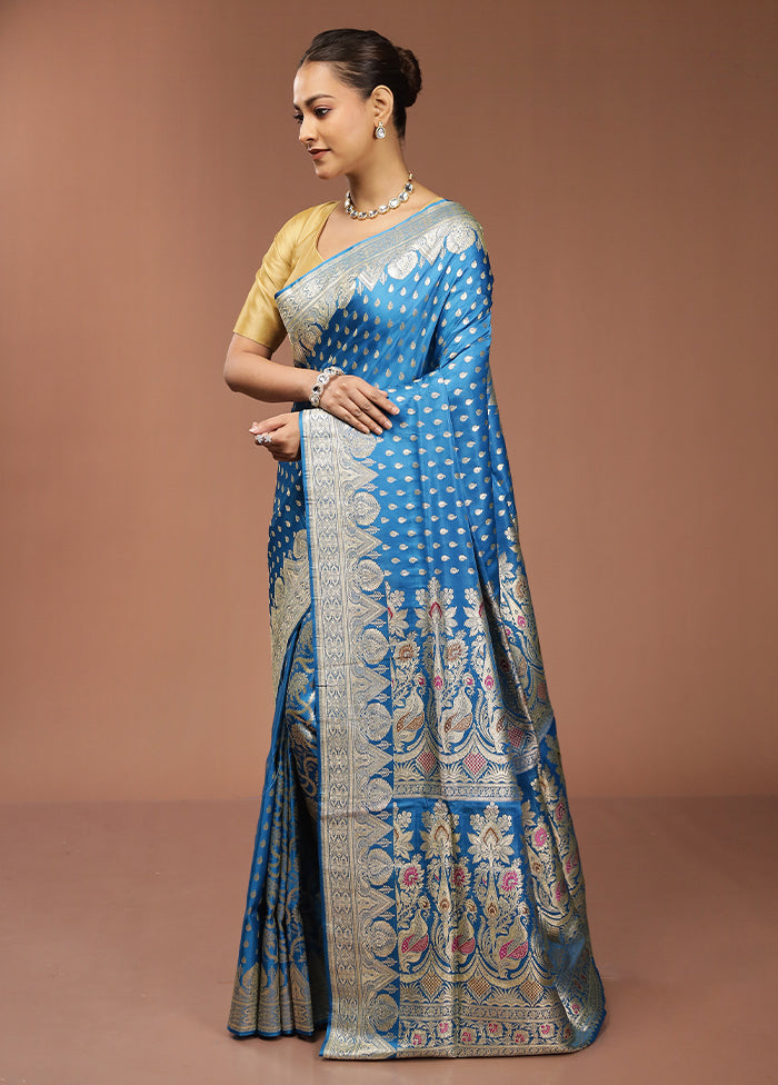Blue Handloom Banarasi Pure Silk Saree With Blouse Piece