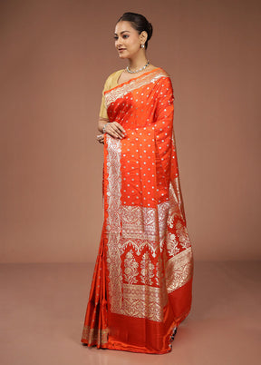 Orange Handloom Banarasi Pure Silk Saree With Blouse Piece