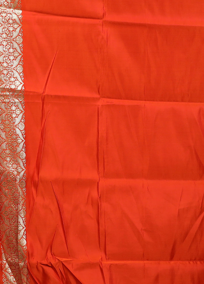 Orange Handloom Banarasi Pure Silk Saree With Blouse Piece
