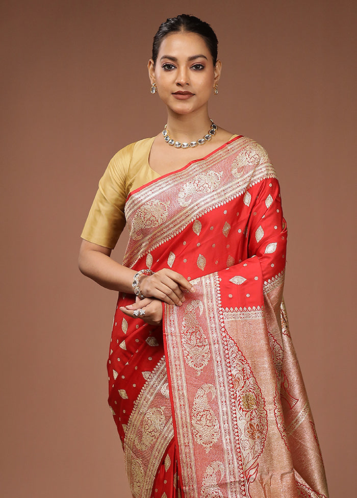 Red Handloom Banarasi Pure Silk Saree With Blouse Piece