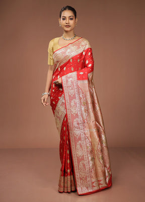 Red Handloom Banarasi Pure Silk Saree With Blouse Piece