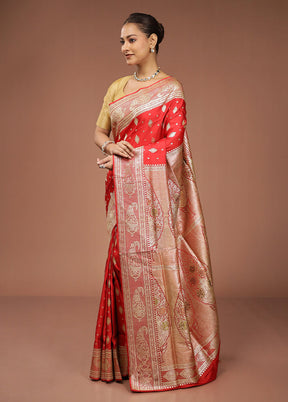 Red Handloom Banarasi Pure Silk Saree With Blouse Piece