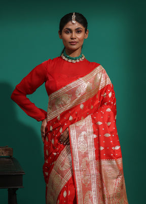 Red Handloom Banarasi Pure Silk Saree With Blouse Piece