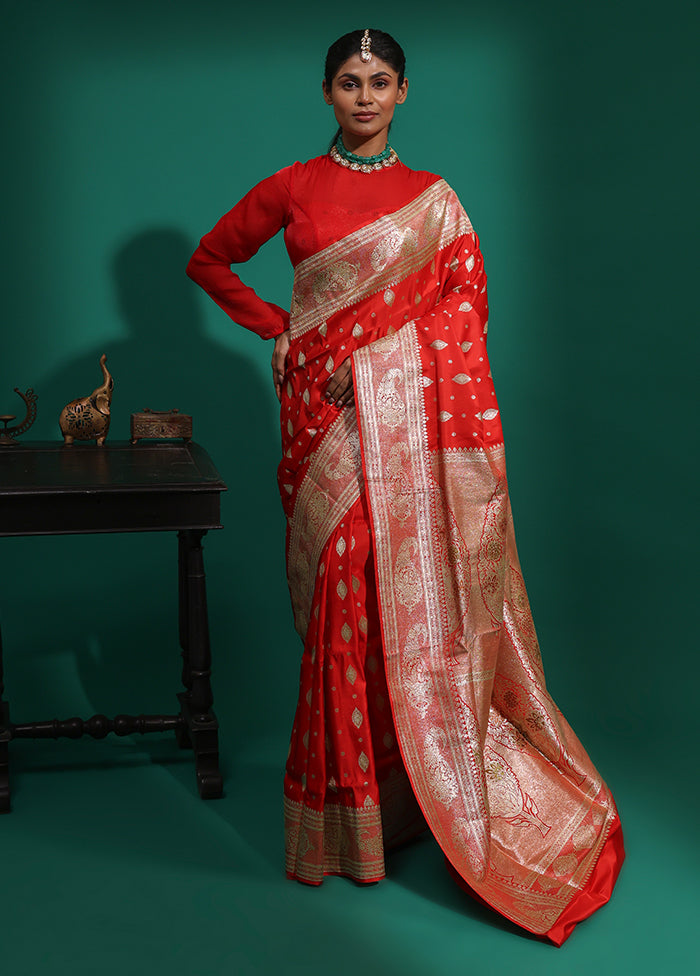 Red Handloom Banarasi Pure Silk Saree With Blouse Piece