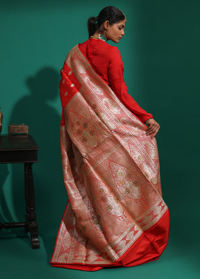 Red Handloom Banarasi Pure Silk Saree With Blouse Piece